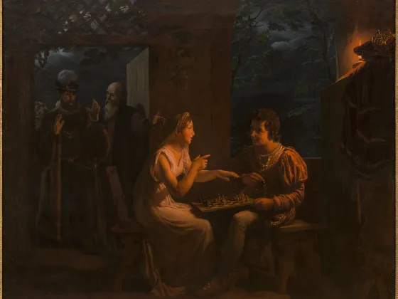 Miranda fait une partie d'échec avec Ferdinand qu'elle accuse, en plaisantant, de tricher